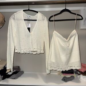 White Crochet shirt and skirt Set
